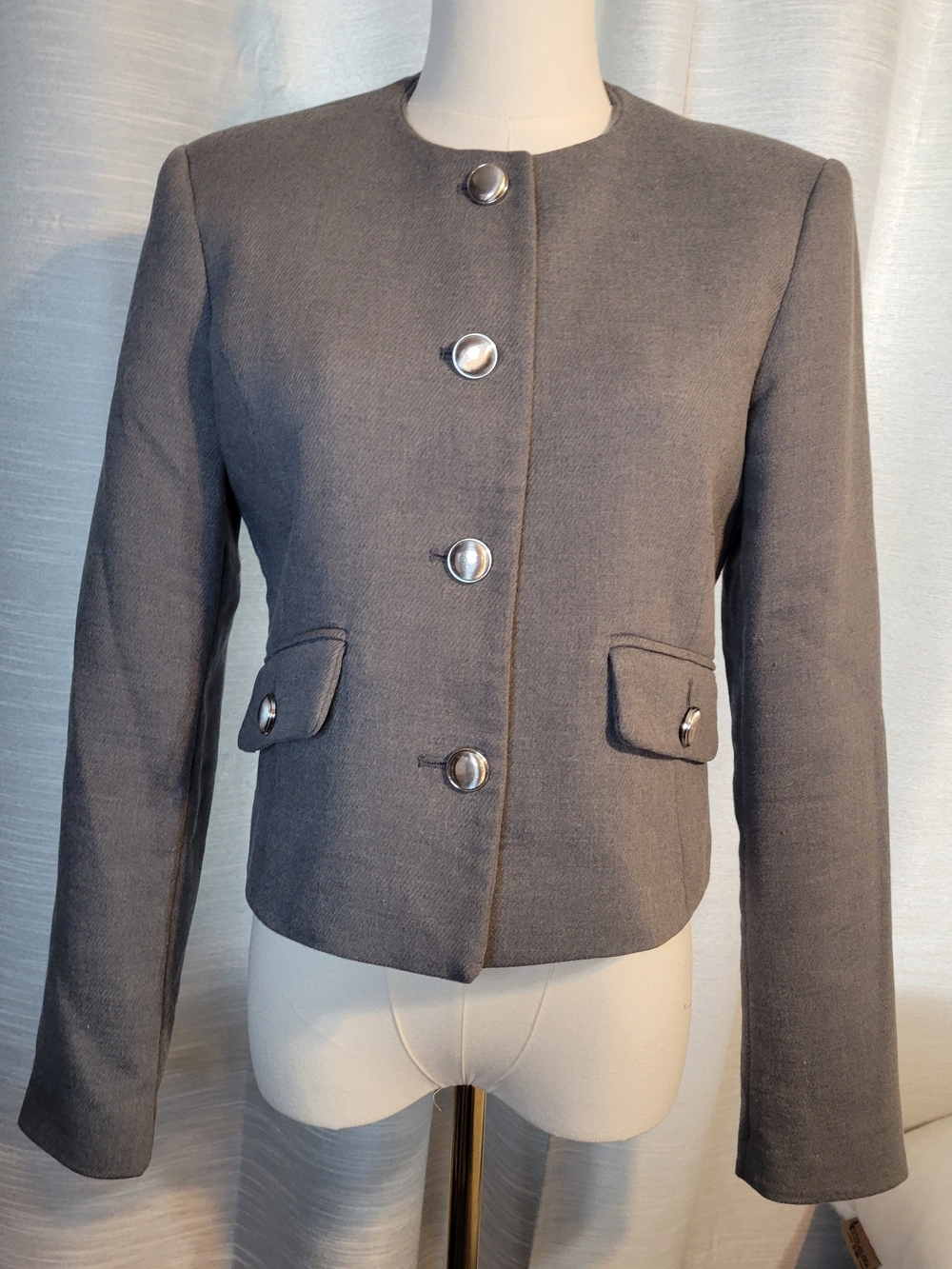 Zara Gray Collarless Tailored Button Jacket